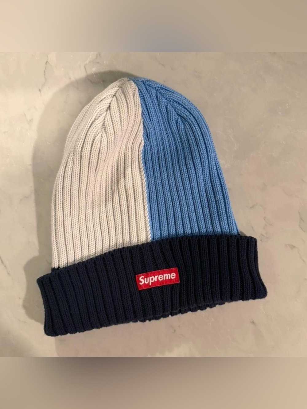 Women’s Supreme Split Ribbed Beanie in White, Light Blue & Navy